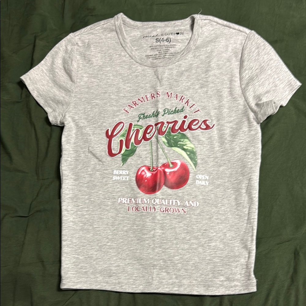 Cropped Gray Tee with Cherry Design